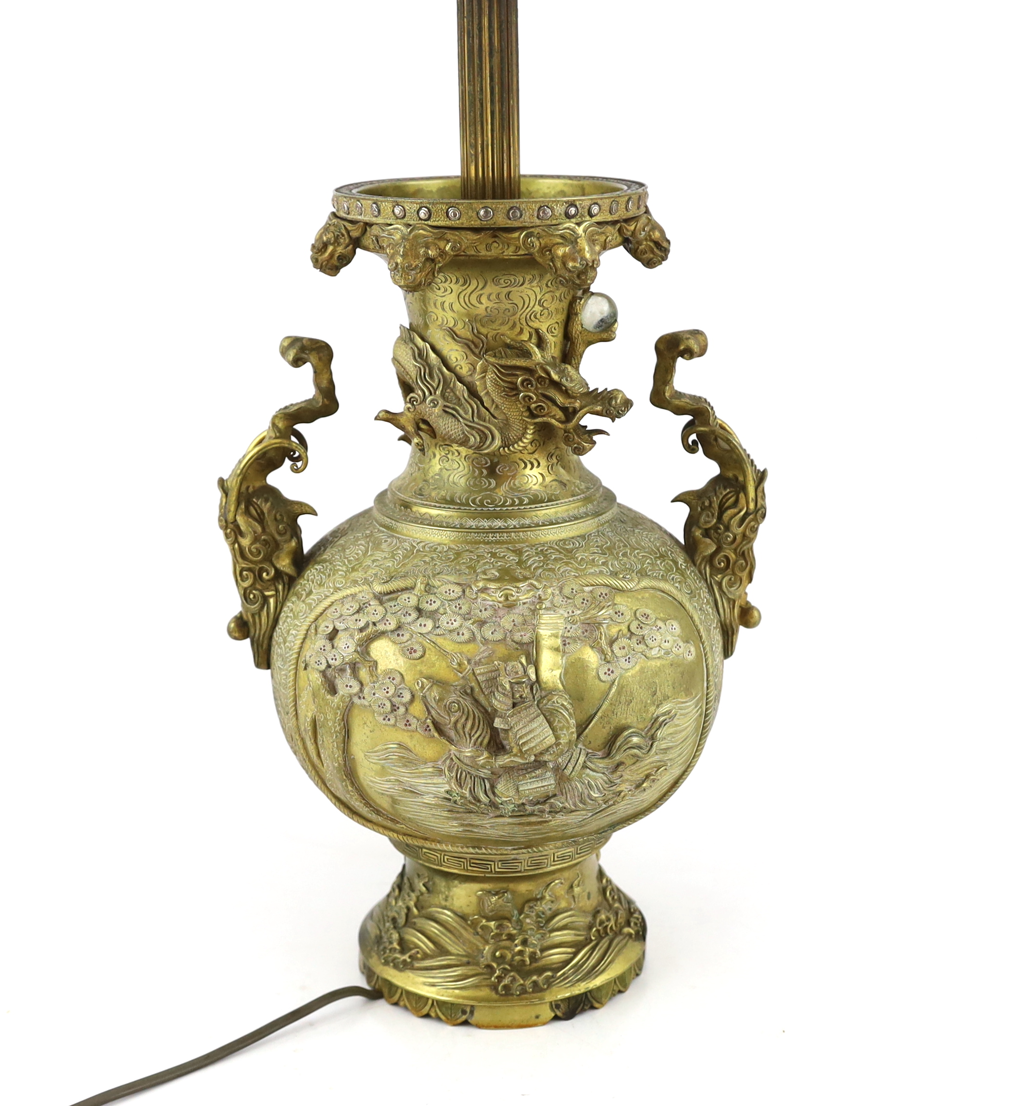 A Japanese gilt bronze 'Samurai' vase, early 20th century, later mounted as a lamp, repairs to base
